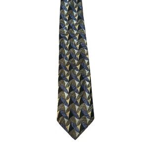 Oaktree vintage geometric pattern silk tie. Blue, tan, black and cream. EUC